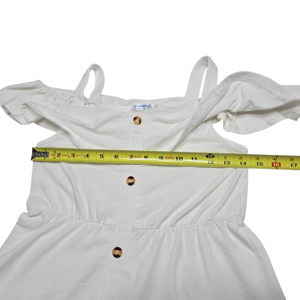 Greatchy Dress Girls L 10-12 White Cold Shoulder Ruffle Button Front Cottagecore